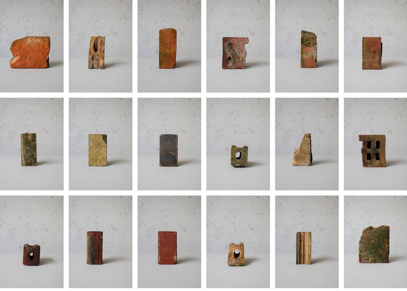 Alt-Text-Empfehlung: Rasterförmige Anordnung von 30 einzeln fotografierten Bauschutt-Fragmenten vor hellgrauem Hintergrund. Die Teile variieren in Material, Form und Farbe – von roten Ziegelbruchstücken über grün bemoste Keramikteile bis zu grauem Betonschutt – und veranschaulichen die Heterogenität von Bau- und Abbruchabfällen.